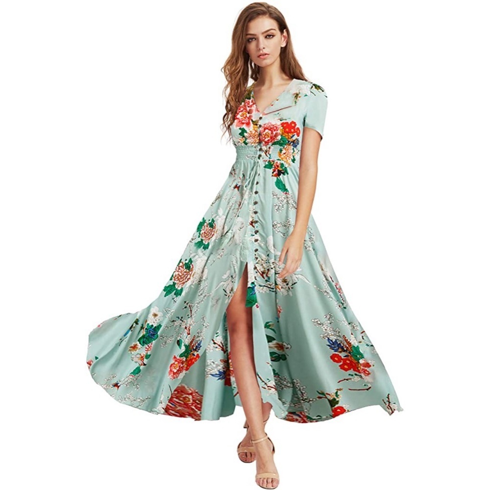 Shein Sage Green Boho Floral Blossom Split Button Front Maxi Dress